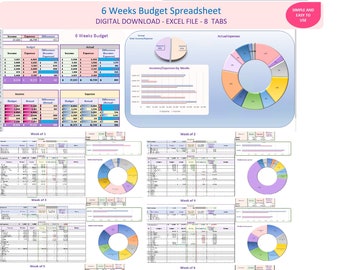 Seguimiento de presupuesto de 6 semanas, plantilla de presupuesto semanal, planificador de presupuesto SEMANAL en Excel, seguimiento de finanzas personales, hoja de cálculo de calculadora de presupuesto