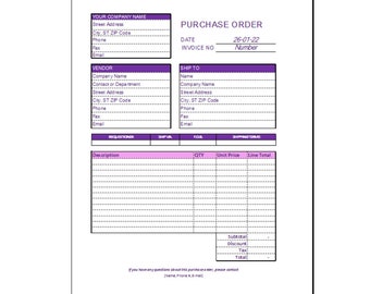 Formulario de orden de compra simple EXCEL, plantilla editable de orden de compra, plantilla de Excel para pequeñas empresas, descarga de orden de compra imprimible