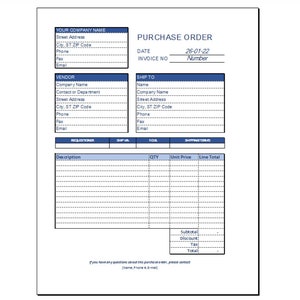 Basic Purchase Order Form Editable, Purchase Order EXCEL Template,  Excel template for small business, Printable Purchase Order download