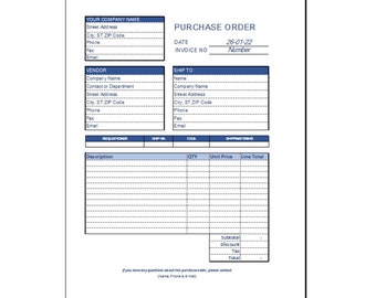 Formulario de orden de compra básico editable, plantilla EXCEL de orden de compra, plantilla de Excel para pequeñas empresas, descarga de orden de compra imprimible
