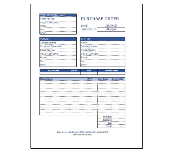 Basic Purchase Order Form Editable Purchase Order EXCEL | Etsy