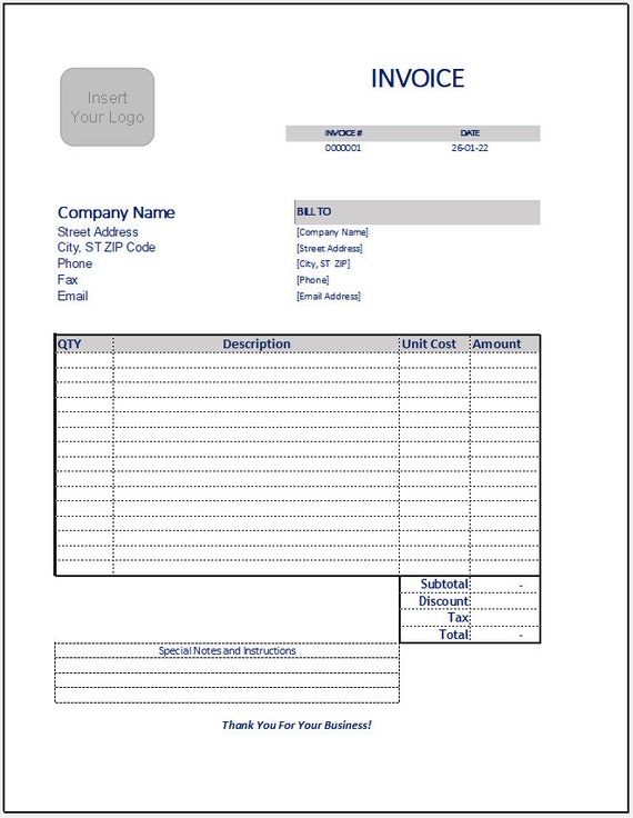 Invoice Template EXCEL Auto Calculation, Simple Business Invoice Form, Invoice  Template Download, Printable Invoice - Etsy UK