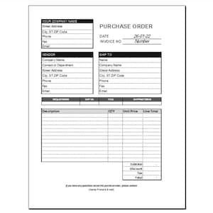 May include: A blank purchase order form with fields for vendor, ship to, description, quantity, unit price, and line total. The form includes a date of 26-01-22 and a space for an invoice number.