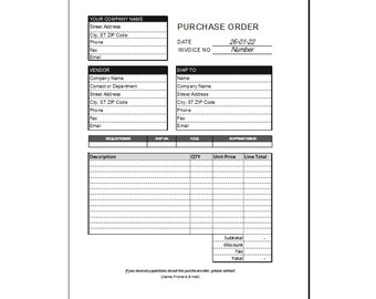Plantilla EXCEL de orden de compra, formulario de orden de compra básico, plantilla de Excel para pequeñas empresas, descarga de orden de compra imprimible editable