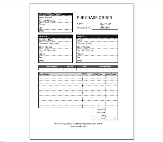 Purchase Order EXCEL Template Basic Purchase Order Form - Etsy