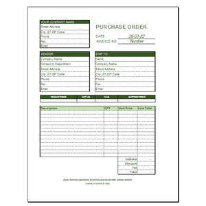 Simply Purchase Order Form EXCEL, Purchase Order Editable Template,  Excel template for small business, Printable Purchase Order download