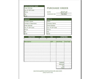 Formulario de orden de compra simple EXCEL, plantilla editable de orden de compra, plantilla de Excel para pequeñas empresas, descarga de orden de compra imprimible