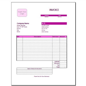 May include: A pink and white invoice template with the words "INVOICE" and "BILL TO" in bold, pink text. The template includes fields for company name, address, phone number, fax number, email address, quantity, description, unit cost, and amount. There are also fields for subtotal, discount, tax, and total.