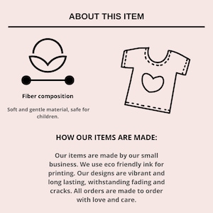 Puede incluir: Una ilustraci&oacute;n en blanco y negro de una camiseta con un coraz&oacute;n en la parte delantera. Tambi&eacute;n se incluye el texto "ABOUT THIS ITEM" y "HOW OUR ITEMS ARE MADE". El texto explica que los art&iacute;culos est&aacute;n hechos con tinta ecol&oacute;gica y se hacen por encargo.