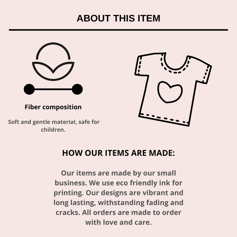 Puede incluir: Una ilustraci&oacute;n en blanco y negro de una camiseta con un coraz&oacute;n en la parte delantera. Tambi&eacute;n se incluye el texto "ABOUT THIS ITEM" y "HOW OUR ITEMS ARE MADE". El texto explica que los art&iacute;culos est&aacute;n hechos con tinta ecol&oacute;gica y se hacen por encargo.