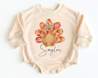 Thanksgiving Turkey Bubble Romper Sweatshirt, Baby Girl Fall Outfit, Thanksgiving Baby Girl Outfit, Baby Bodysuit, Turkey Baby Outfit