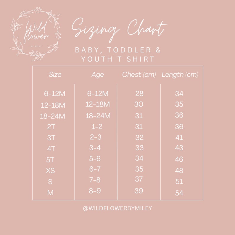 Puede incluir: Una tabla de tallas para camisetas de beb&eacute;, ni&ntilde;o peque&ntilde;o y joven. La tabla enumera las tallas desde los 6-12 meses hasta la talla M, con los rangos de edad correspondientes, las medidas de pecho en cent&iacute;metros y las medidas de longitud en cent&iacute;metros.