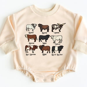 May include: A light pink baby onesie with a graphic of different breeds of cattle. The breeds include Brahman, Hereford, Angus, Charolais, Beef Shorthorn, and Belted Galloway.