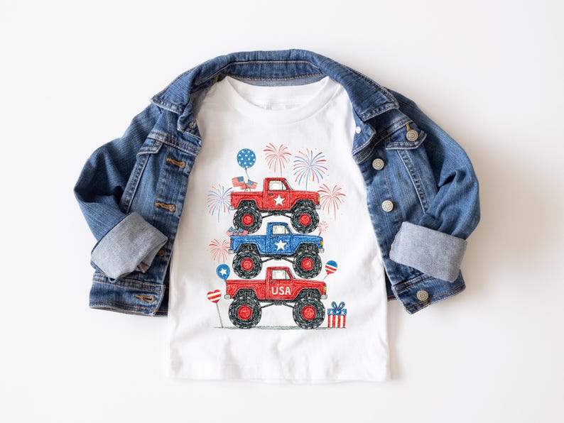 May include: A white t-shirt featuring a stack of three monster trucks in red and blue, with USA text, fireworks, and balloons. A blue denim jacket is draped over the shirt. The design is patriotic and suitable for children.