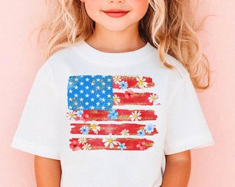 Camiseta infantil con bandera estadounidense y flores, camiseta infantil del 4 de julio, camiseta infantil del 4 de julio, camisetas para niños, camiseta infantil del 4 de julio para niña