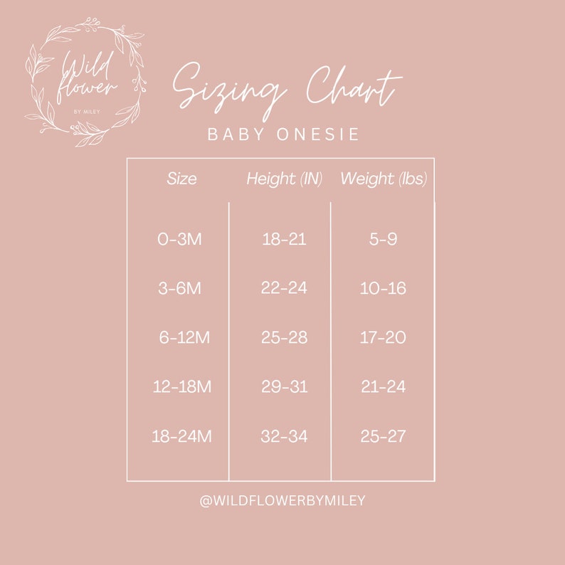 May include: A baby onesie sizing chart with measurements in inches and pounds. The chart includes sizes from 0-3 months to 18-24 months, with corresponding height and weight ranges. The Wild Flower by Miley logo is at the top left.