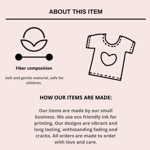 Może przedstawiać: Czarno-biała ilustracja koszulki z sercem z przodu. Tekst "About This Item" i "How Our Items Are Made" jest r&oacute;wnież zawarty. Tekst opisuje przedmioty jako wykonane z przyjaznej dla środowiska farby i trwałe.
