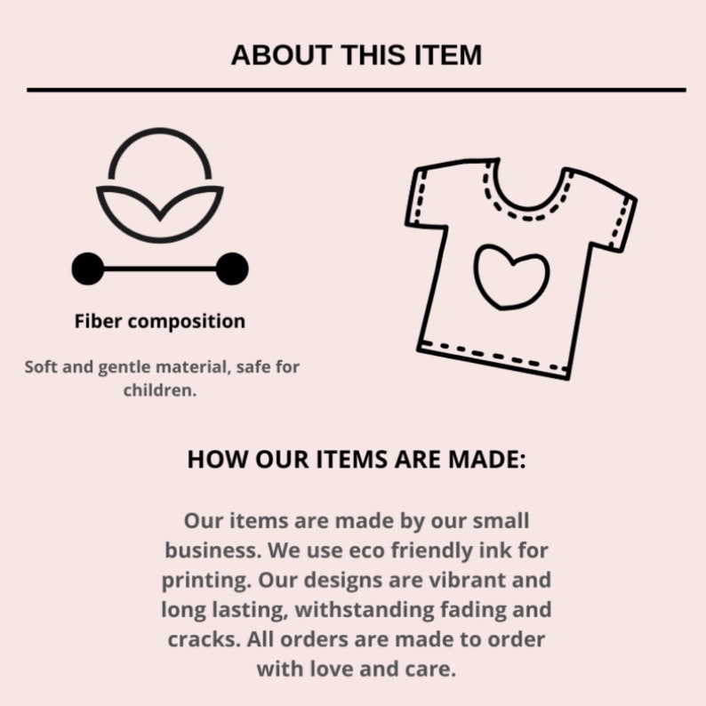Może przedstawiać: Czarno-biała ilustracja koszulki z sercem z przodu. Tekst "About This Item" i "How Our Items Are Made" jest r&oacute;wnież zawarty. Tekst opisuje przedmioty jako wykonane z przyjaznej dla środowiska farby i trwałe.