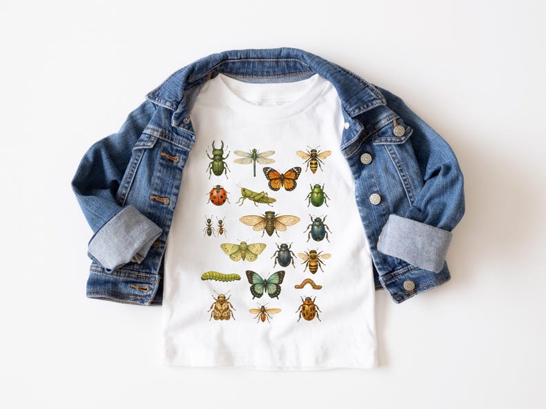 May include: A white t-shirt featuring a colorful illustration of various insects, including butterflies, beetles, and a dragonfly. The shirt is partially covered by a blue denim jacket.