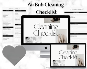 May include: A digital checklist for cleaning an Airbnb property. The checklist is displayed on a computer screen and a laptop. The text on the screen reads "Cleaning Checklist".