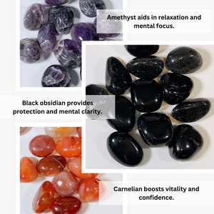 K&ouml;nnte beinhalten: Eine Auswahl an polierten Edelsteinen, darunter Amethyst, schwarzer Obsidian und Karneol. Das Bild enth&auml;lt Text, der besagt, dass Amethyst bei Entspannung und mentaler Konzentration hilft, schwarzer Obsidian Schutz und mentale Klarheit bietet und Karneol Vitalit&auml;t und Selbstvertrauen st&auml;rkt.