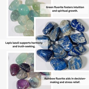 K&ouml;nnte beinhalten: Eine Auswahl an polierten Edelsteinen in Blau-, Gr&uuml;n- und Lilat&ouml;nen. Der Text auf dem Bild lautet: "Lapislazuli unterst&uuml;tzt Harmonie und Wahrheitsfindung." "Gr&uuml;ner Fluorit f&ouml;rdert Intuition und spirituelles Wachstum." "Regenbogen-Fluorit hilft bei Entscheidungsfindung und Stressabbau."