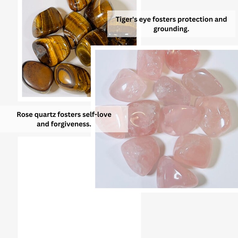 K&ouml;nnte beinhalten: Eine Auswahl an polierten Edelsteinen, darunter Tigerauge und Rosenquarz. Die Tigeraugensteine sind braun mit goldenen Streifen, w&auml;hrend die Rosenquarzsteine ein zartes Rosa aufweisen. Text auf dem Bild: "Tigerauge f&ouml;rdert Schutz und Erdung." und "Rosenquarz f&ouml;rdert Selbstliebe und Vergebung."