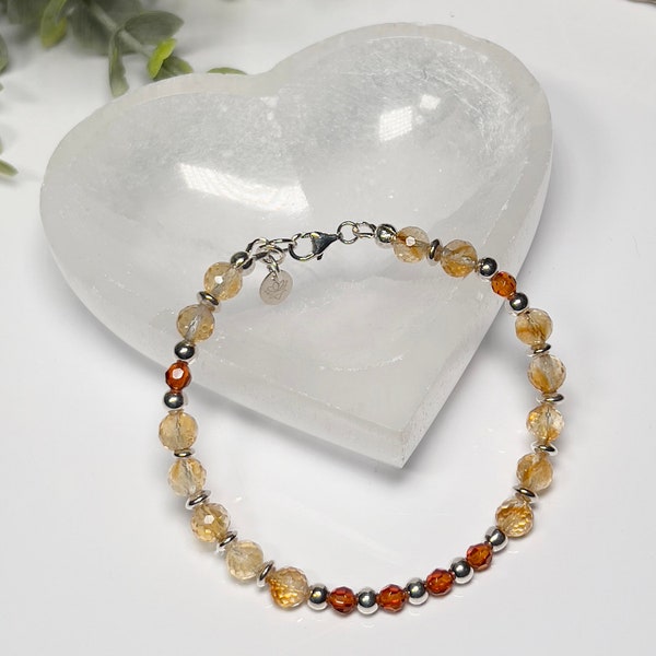 Citrine & Baltic Amber Strength Healing Bracelet • 925 Sterling Silver • Beaded Gemstone Bracelet • Faceted Stone Healing Bracelet