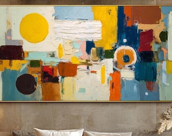 Abstract Geometric Oil Painting on Canvas 3D Textured Color Block Wall Art Minimalist Colorful Bedroom Wall Decor Large Horizontal Canvas