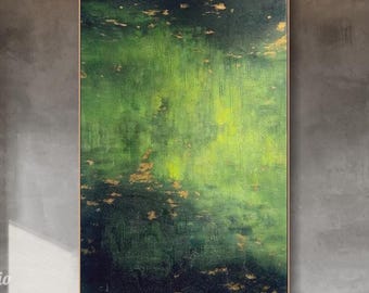 Pintura abstracta de oro verde, lienzo texturizado grande, arte de pared, arte bohemio moderno, lienzo dorado, lienzo de lujo, arte de pared para sala de estar