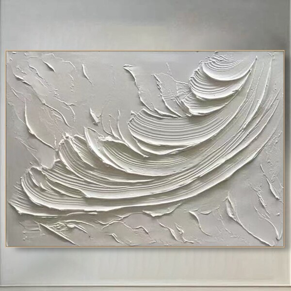 3D White Minimalist Ocean Waves Art Painting on Canvas White 3D Textural Painting Wabi-Sabi Wall Art Living Room Painting Fashion Room Decor