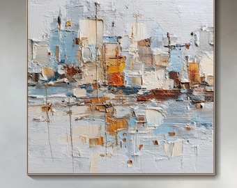 Abstract Skyline Textured Wall Art City Landscape Painting On Canvas Modern Blue Gold Living Room Wall Art Contemporary Urban Decor