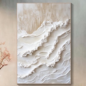 Minimalist White Ocean Waves Painting on Canvas Neutral Tone Textured Beach Wall Art Beige Painting Wabi-Sabi Wall Art Living Room Wall Art