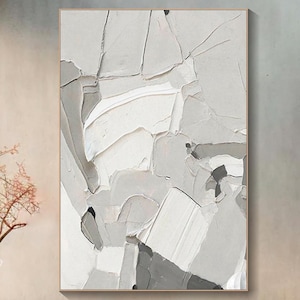 Pintura abstracta en blanco y negro de estilo moderno de mediados de siglo sobre lienzo, arte de pared texturizado, arte de pared minimalista Wabi-Sabi, decoración de moda, pintura para sala de estar