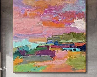 Pintura a óleo abstrata e colorida de paisagem sobre tela, arte de parede moderna com textura, grande e vibrante, estilo impressionista, para sala de estar, arte contemporânea.
