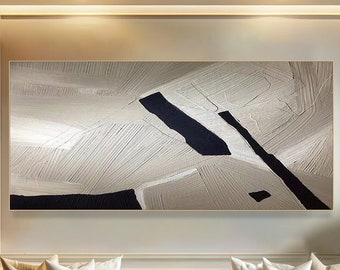 Midcentury Modern White Black Abstract Painting on Canvas Textured Wall Art Minimalist Wabi-Sabi Wall Art Trendy Decor Living Room Painting