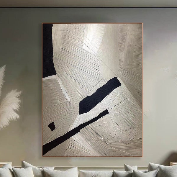 Midcentury Modern White Black Abstract Painting on Canvas Textured Wall Art Minimalist Wabi-Sabi Wall Art Trendy Decor Living Room Painting
