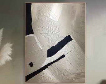 Midcentury modern wit zwart abstract schilderij op canvas getextureerde muurkunst minimalistische Wabi-Sabi muurkunst trendy decor woonkamer schilderij