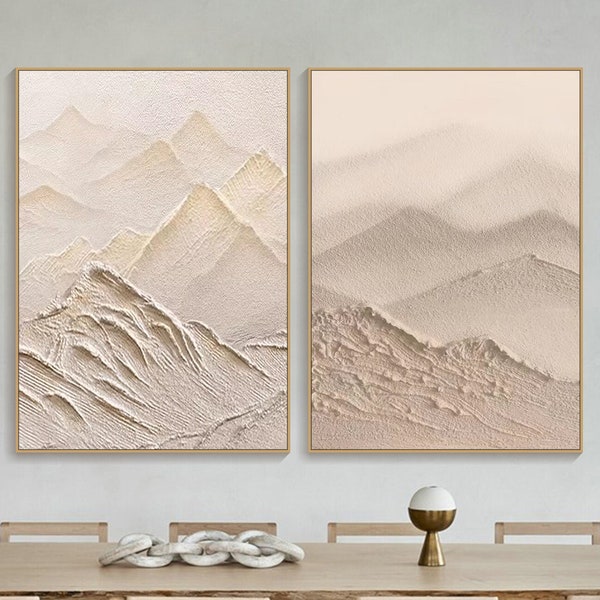 3D Framed Textured Wall Art Earth Tone Minimalist Painting on Canvas Abstract Mountain Custom Wabi Sabi A set of 2 Living Room PaintingParty