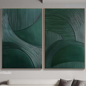 Large Original Textured Dark Green Wall Art Abstract Geometric Oil Painting On Canvas Minimalist Diptych 3D Wall Art Neutral Home Decor