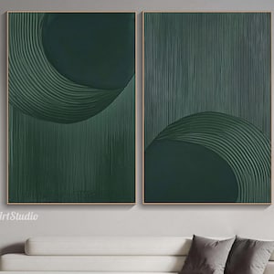 Original  Abstract Textured Dark Green Wall Art Minimalist Geometric Oil Painting On Canvas Diptych 3D Wall Art Neutral Modern Home Decor