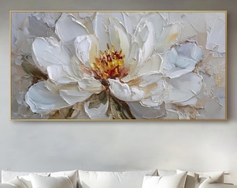 3D White Floral Textured Oil Painting On Canvas Neutral Beige Flower Art Hand Painted Impasto Art Modern Large Minimalist Botanical Painting