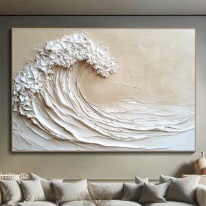 Wabi Sabi Textured Wave Wall Art Large 3D Ocean Oil Painting on Canvas Earth Tone Canvas Art Coastal Minimalist Modern Beach Living Room Art