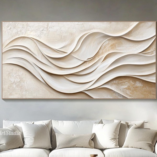 3D Ocean Waves Textured Wall Art Large Wabi-Sabi Wall Art Minimalist Painting on Canvas Fashion Plaster Wall Art Modern Living Room Decor