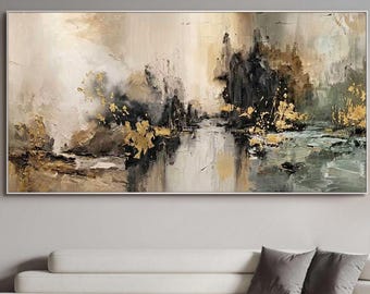 Pintura abstracta dorada sobre lienzo con textura de nubes, arte mural, paisaje moderno pintado a mano, pintura de horizonte contemporáneo, decoración de pared personalizada