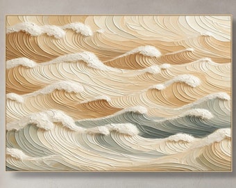 Art mural 3D avec texture en plâtre : vague blanche sur plage beige - Toile peinture à l'huile minimaliste de style wabi-sabi pour une décoration intérieure moderne