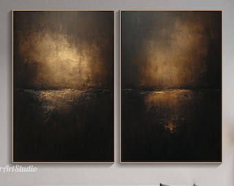 Dark Abstract Diptych Painting on Canvas Modern Textured Wall Art Set of 2 Minimalist Black Gold Canvas Art Luxury Statement Living Room Art