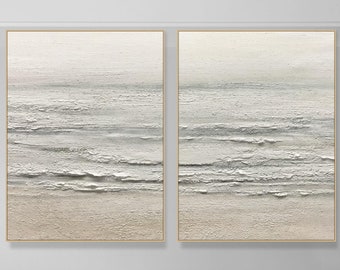 Calm Coastal Morning Beach Wave Oil Painting Set 3D Large Minimalist Wall Art Textured Canvas Hand-Painted Ocean Seascape Modern Home Decor