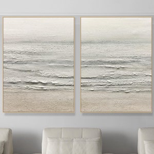 Calm Coastal Morning Beach Wave Oil Painting Set 3D Large Minimalist Wall Art Textured Canvas Hand-Painted Ocean Seascape Modern Home Decor