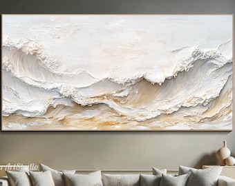 3D Ocean Waves Textured Wall Art Minimalist Wabi-Sabi Painting Modern Neutral Coastal Painting On Canvas Large Living Room Wall Art